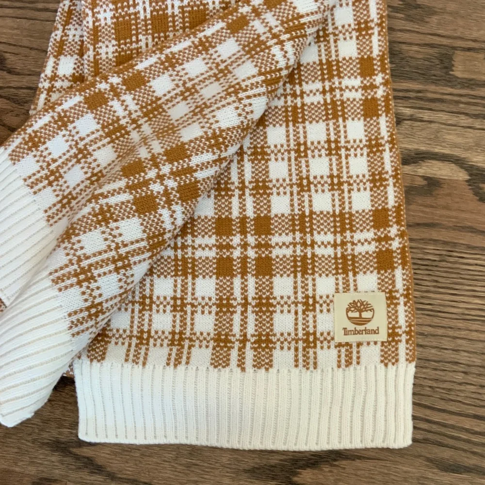 Timberland Tan and White Plaid Knit Scarf